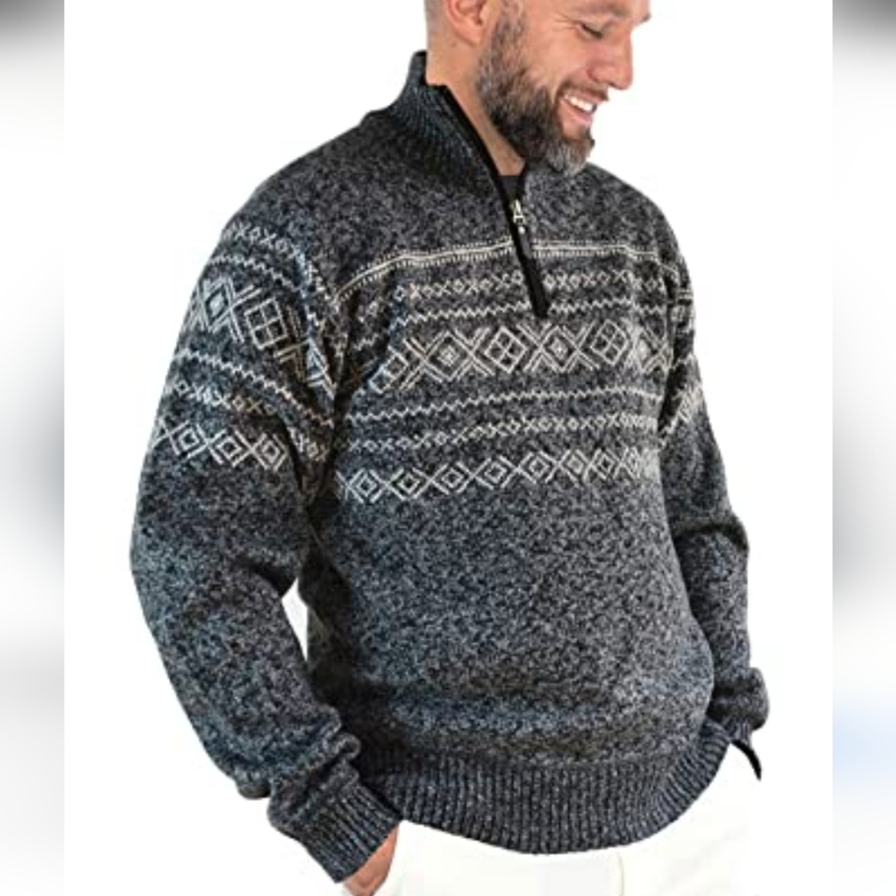 👉*NWT* CHARCOAL GREY & WHITE *FLEECE LINED* PATTERNED QUARTER-ZIP SWEATER ~XXL
